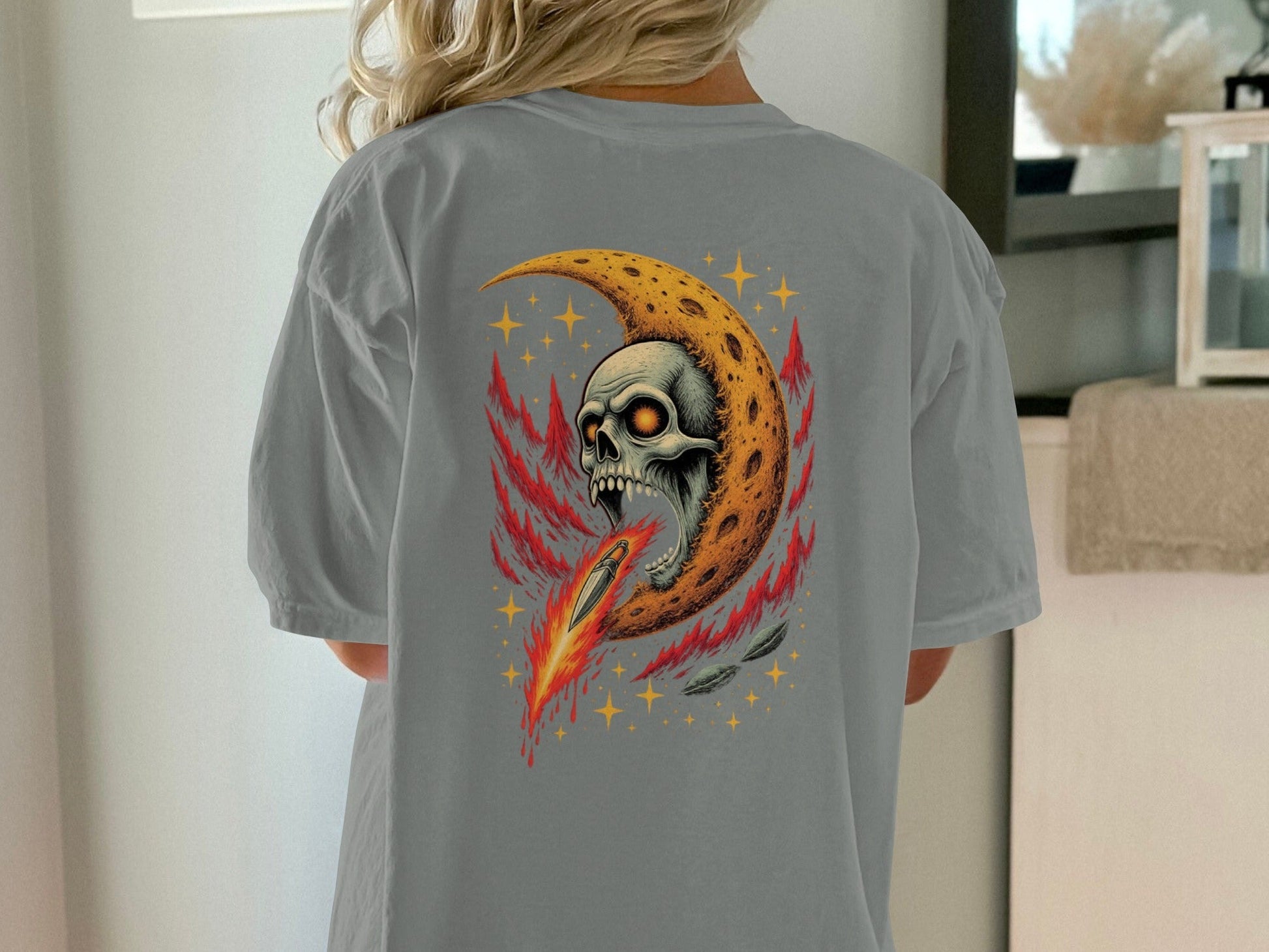 Skull in Crescent Moon with Flaming Sword Design T-Shirt - IconVexa