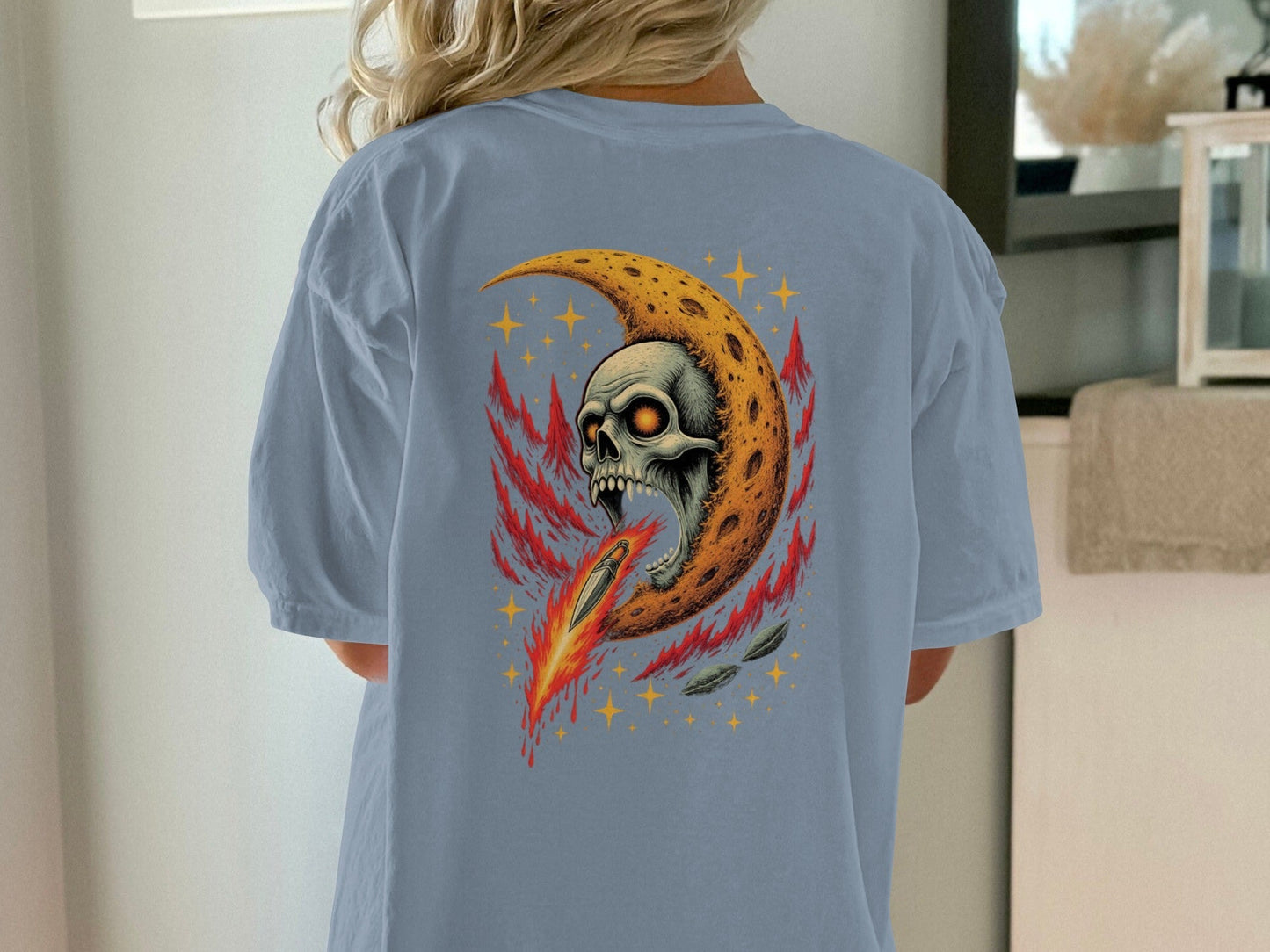 Skull in Crescent Moon with Flaming Sword Design T-Shirt - IconVexa