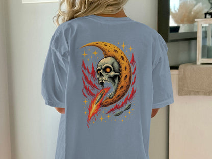 Skull in Crescent Moon with Flaming Sword Design T-Shirt - IconVexa