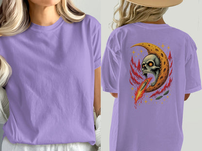 Skull in Crescent Moon with Flaming Sword Design T-Shirt - IconVexa