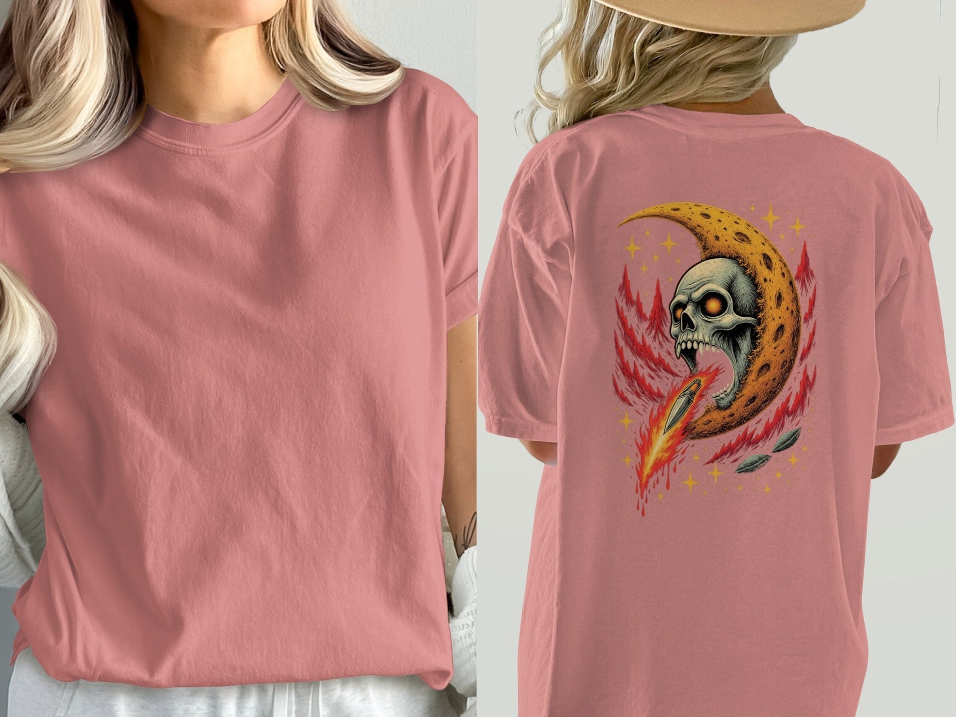 Skull in Crescent Moon with Flaming Sword Design T-Shirt - IconVexa