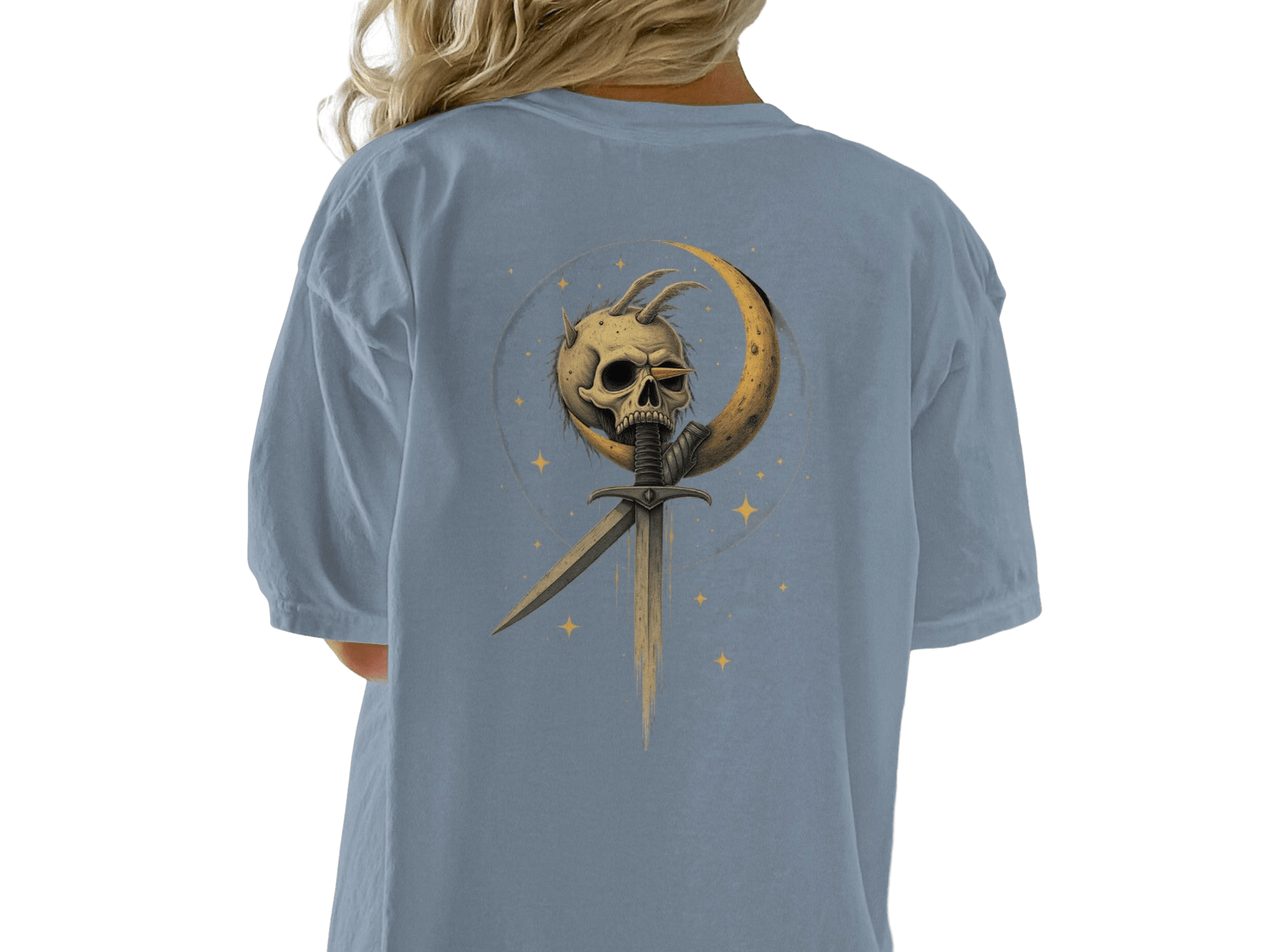 Skull in Crescent with Sword Graphic Print Design T-Shirt - IconVexa