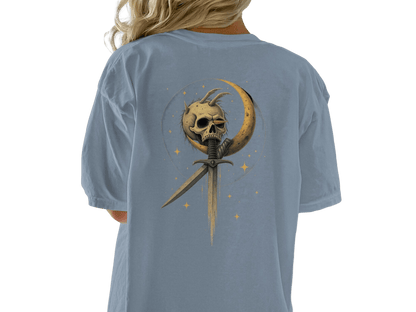 Skull in Crescent with Sword Graphic Print Design T-Shirt - IconVexa