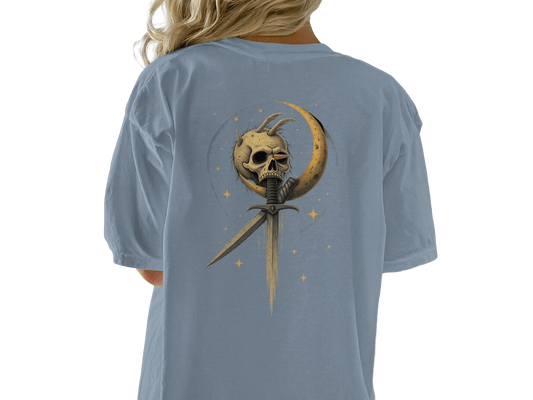 Skull in Crescent with Sword Graphic Print Design T-Shirt - IconVexa