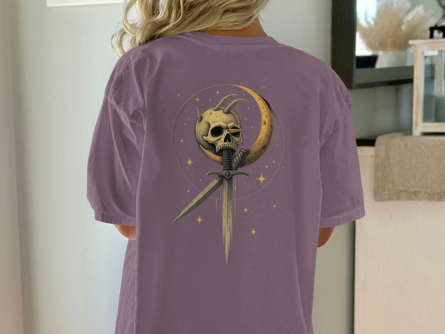 Skull in Crescent with Sword Graphic Print Design T-Shirt - IconVexa