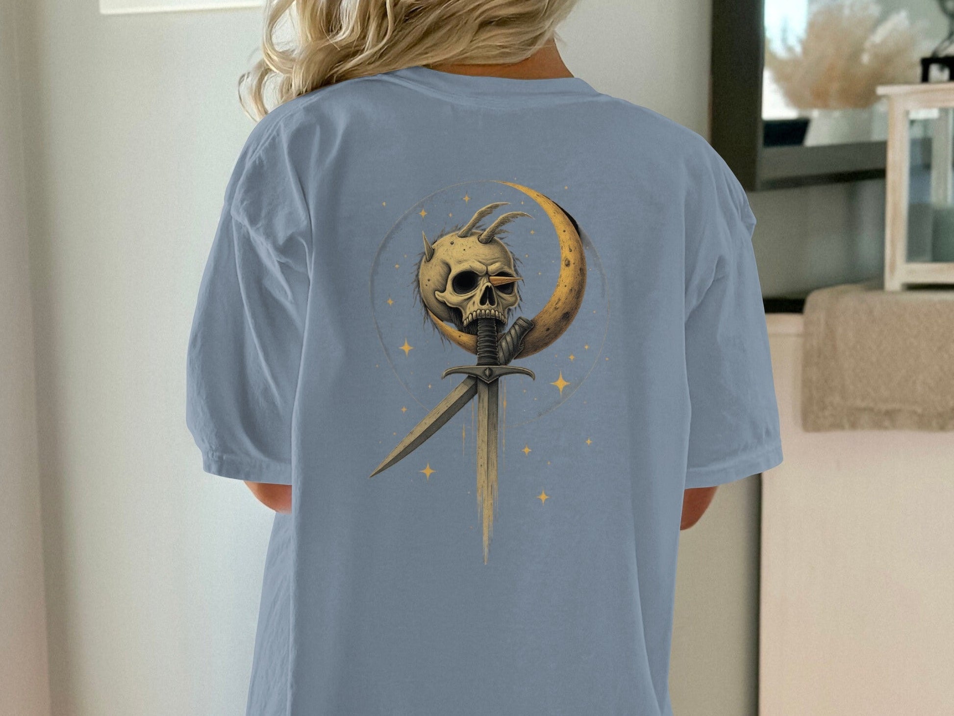 Skull in Crescent with Sword Graphic Print Design T-Shirt - IconVexa