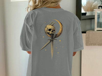 Skull in Crescent with Sword Graphic Print Design T-Shirt - IconVexa