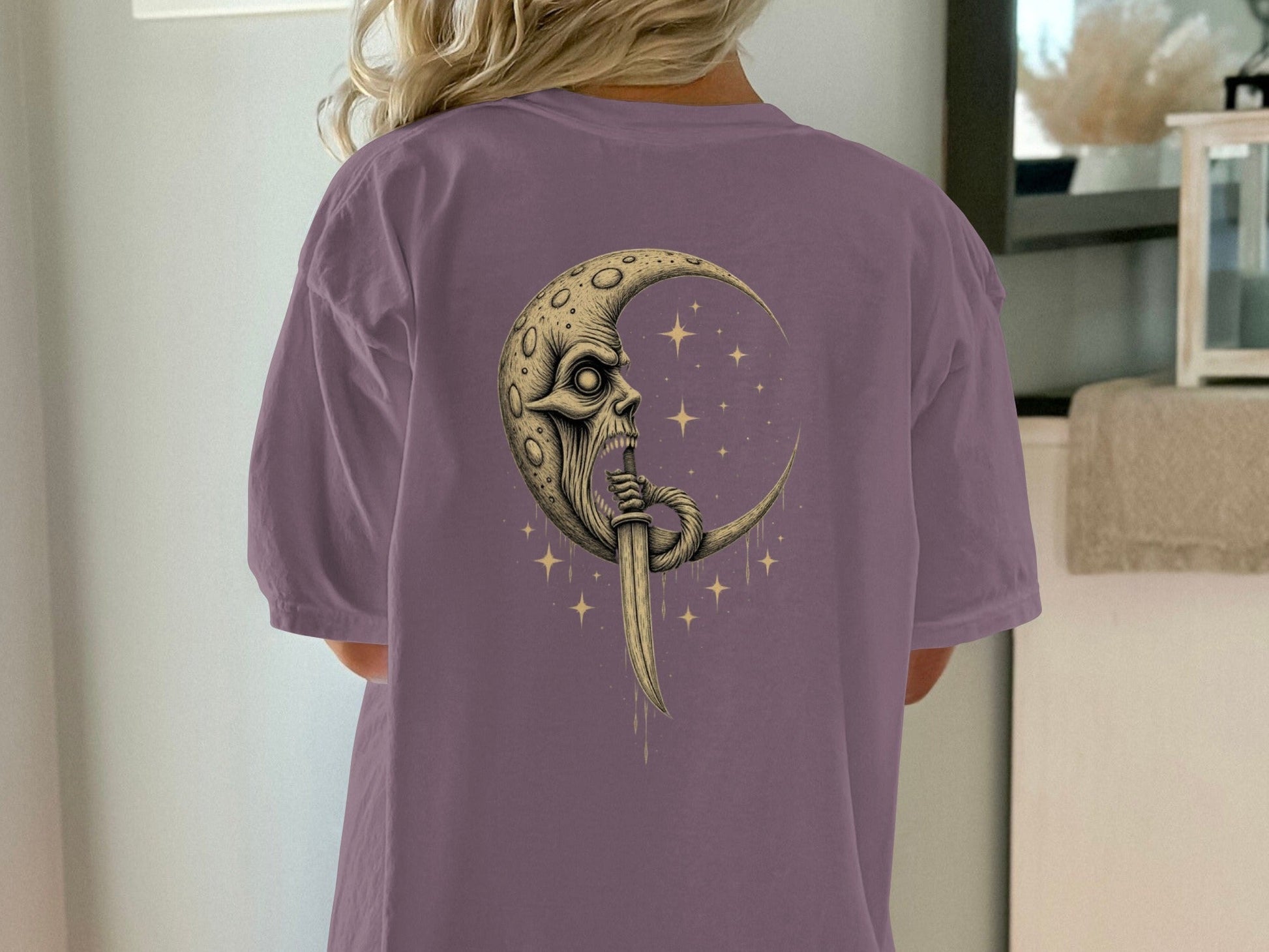 Skull Moon And Stars Graphic On Back Design Cool T-Shirt - IconVexa