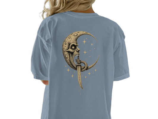 Skull Moon And Stars Graphic On Back Design Cool T-Shirt - IconVexa