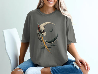 Skull Moon and Sword Unique Design Graphic Unisex T-Shirt - IconVexa