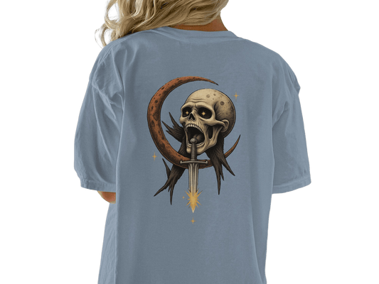 Skull Moon T-Shirt, Sword T-Shirt, Gothic T-Shirt, Crescent Moon T-Shirt, Dark Aesthetic Tee, Unisex T-Shirt, Graphic Tee, Halloween Gift - IconVexa