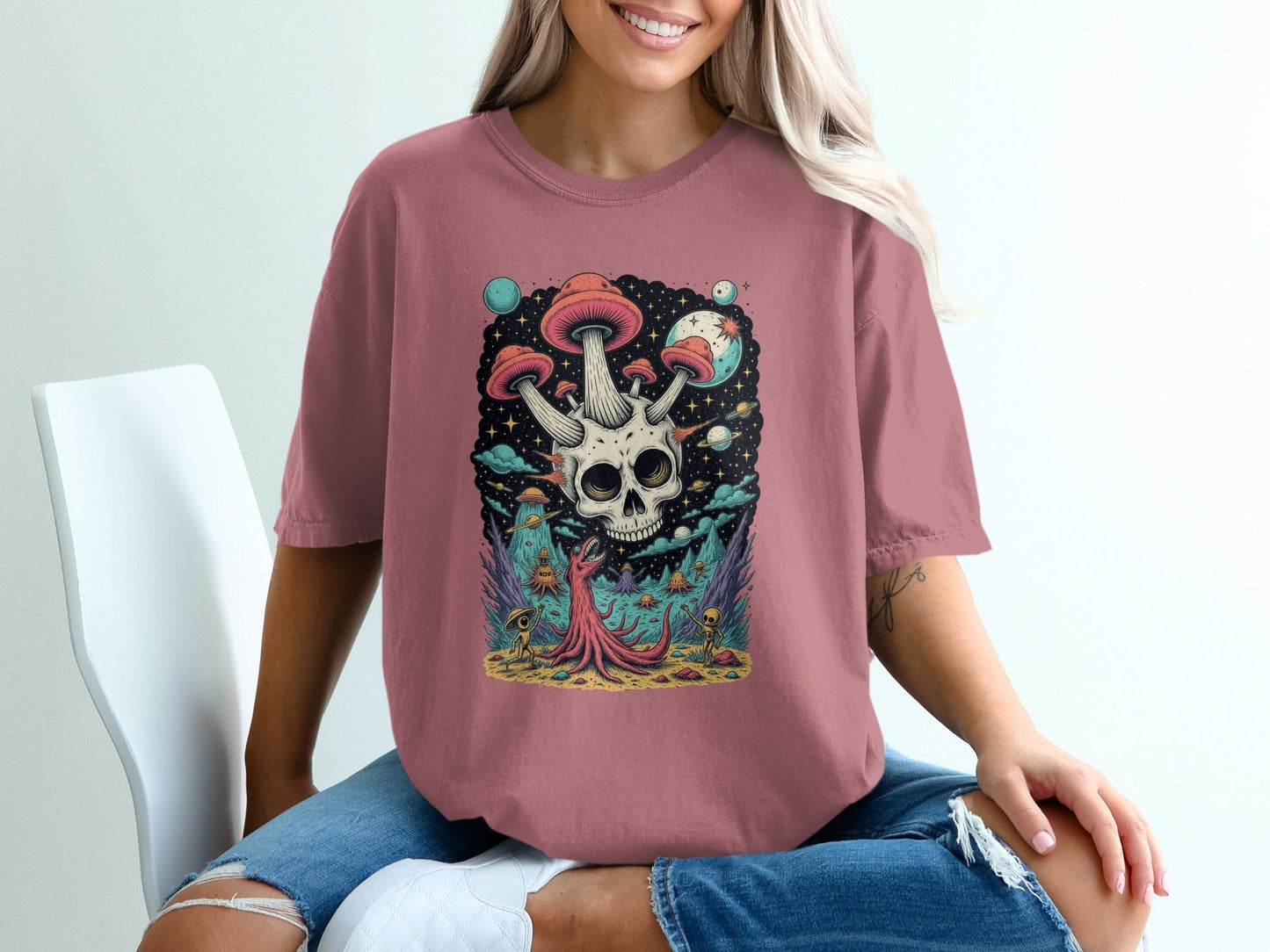 Skull Mushroom in Space Graphic Illustration Design T-Shirt - IconVexa