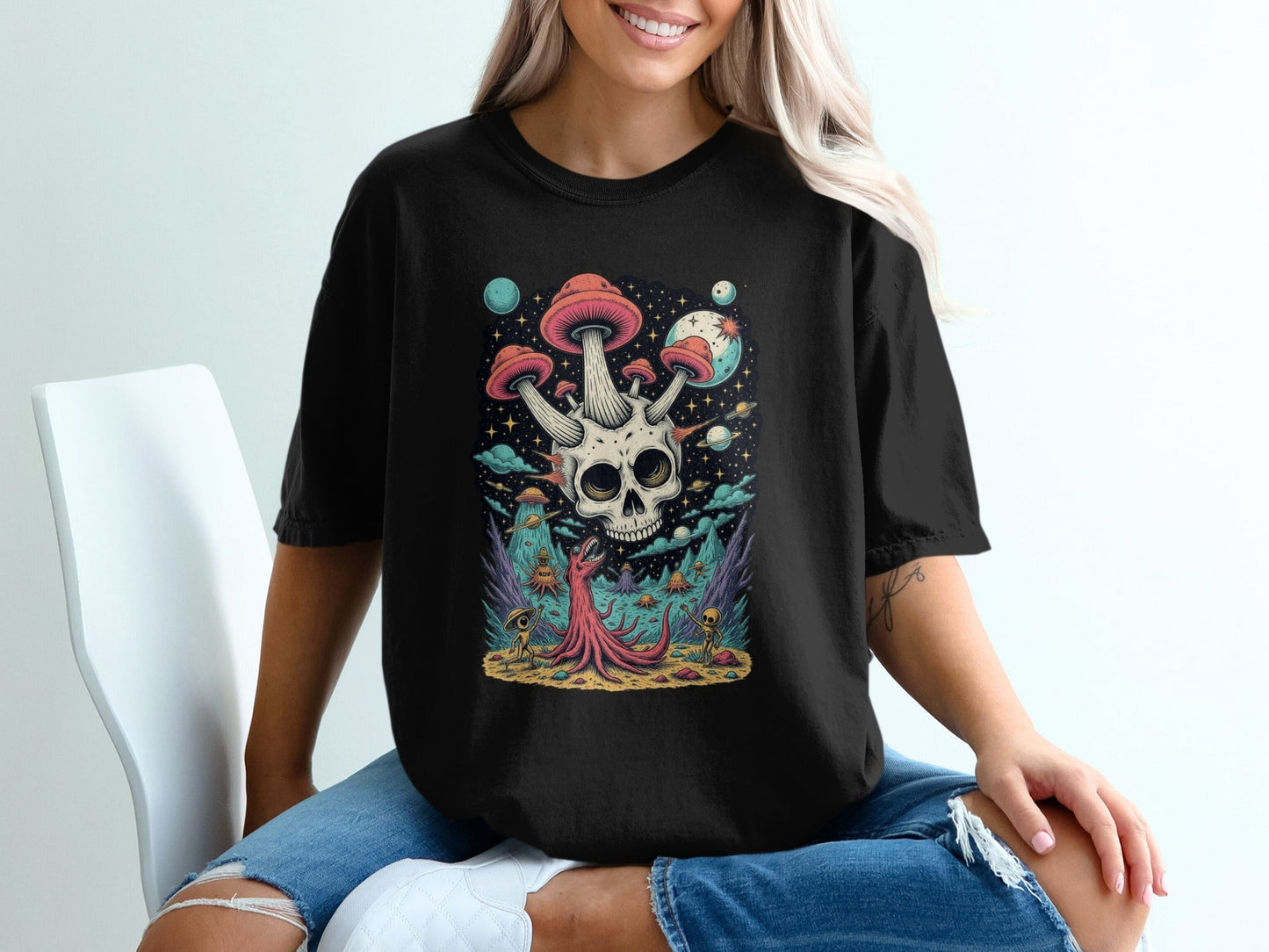 Skull Mushroom in Space Graphic Illustration Design T-Shirt - IconVexa