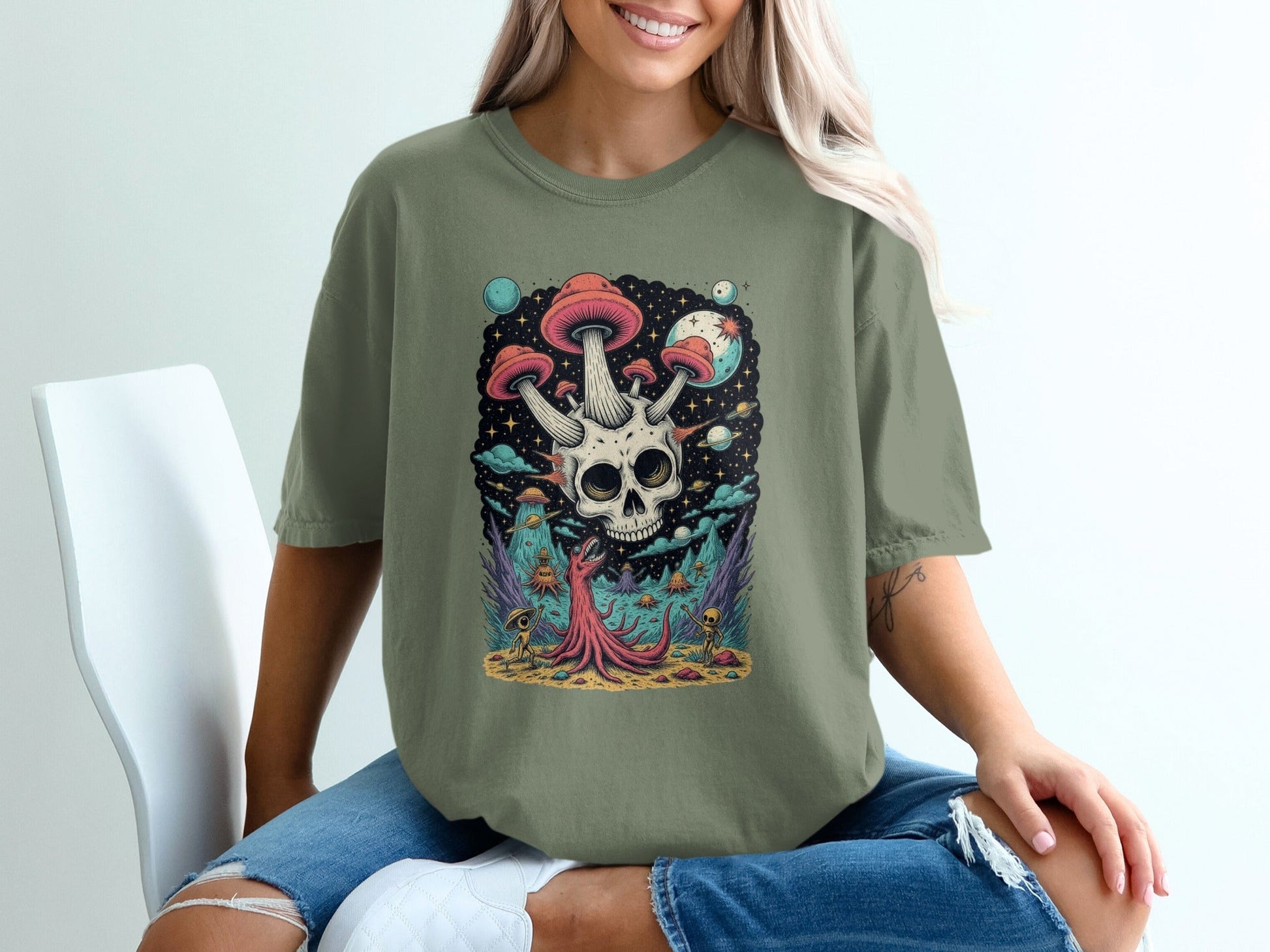 Skull Mushroom in Space Graphic Illustration Design T-Shirt - IconVexa
