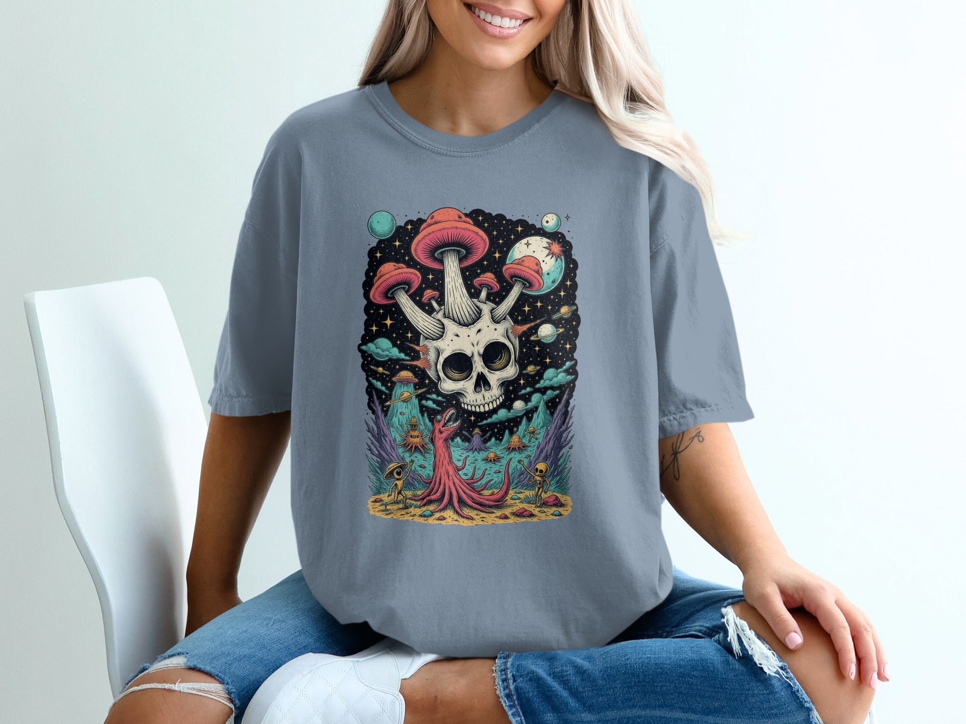 Skull Mushroom in Space Graphic Illustration Design T-Shirt - IconVexa
