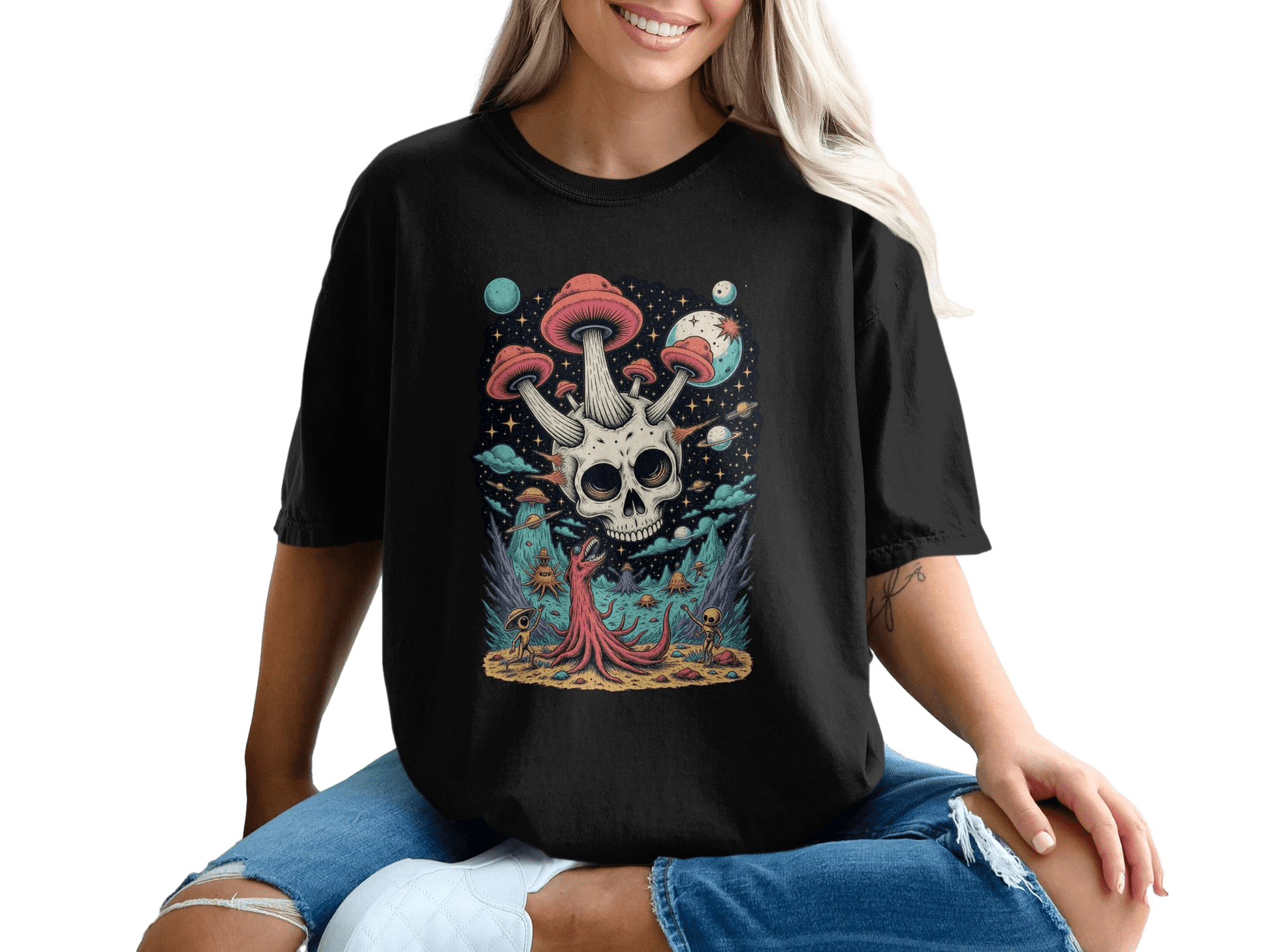 Skull Mushroom in Space Graphic Illustration Design T-Shirt - IconVexa