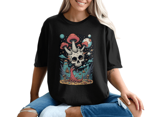 Skull Mushroom in Space Graphic Illustration Design T-Shirt - IconVexa