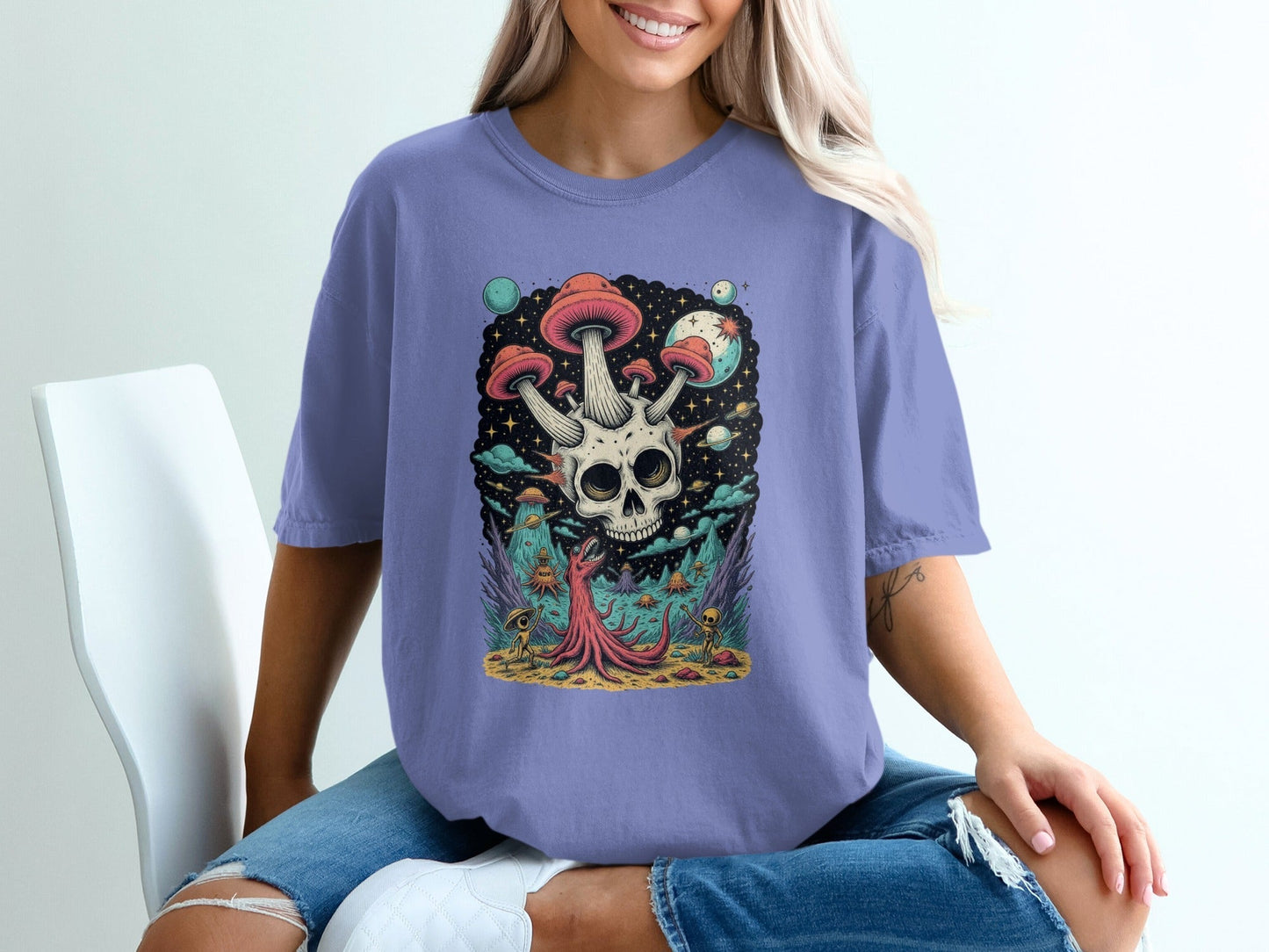 Skull Mushroom in Space Graphic Illustration Design T-Shirt - IconVexa