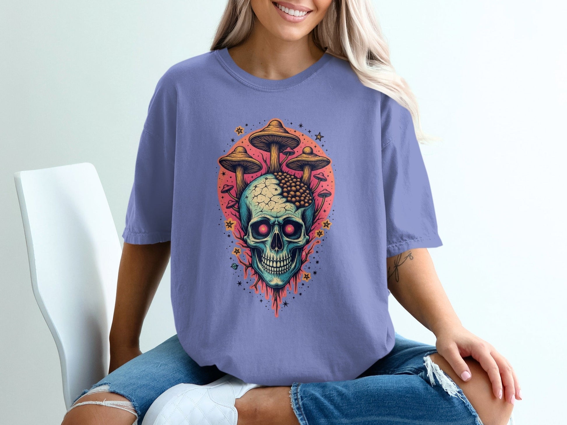 Skull Mushroom Stars Graphic Design Unisex Adult T-Shirt - IconVexa