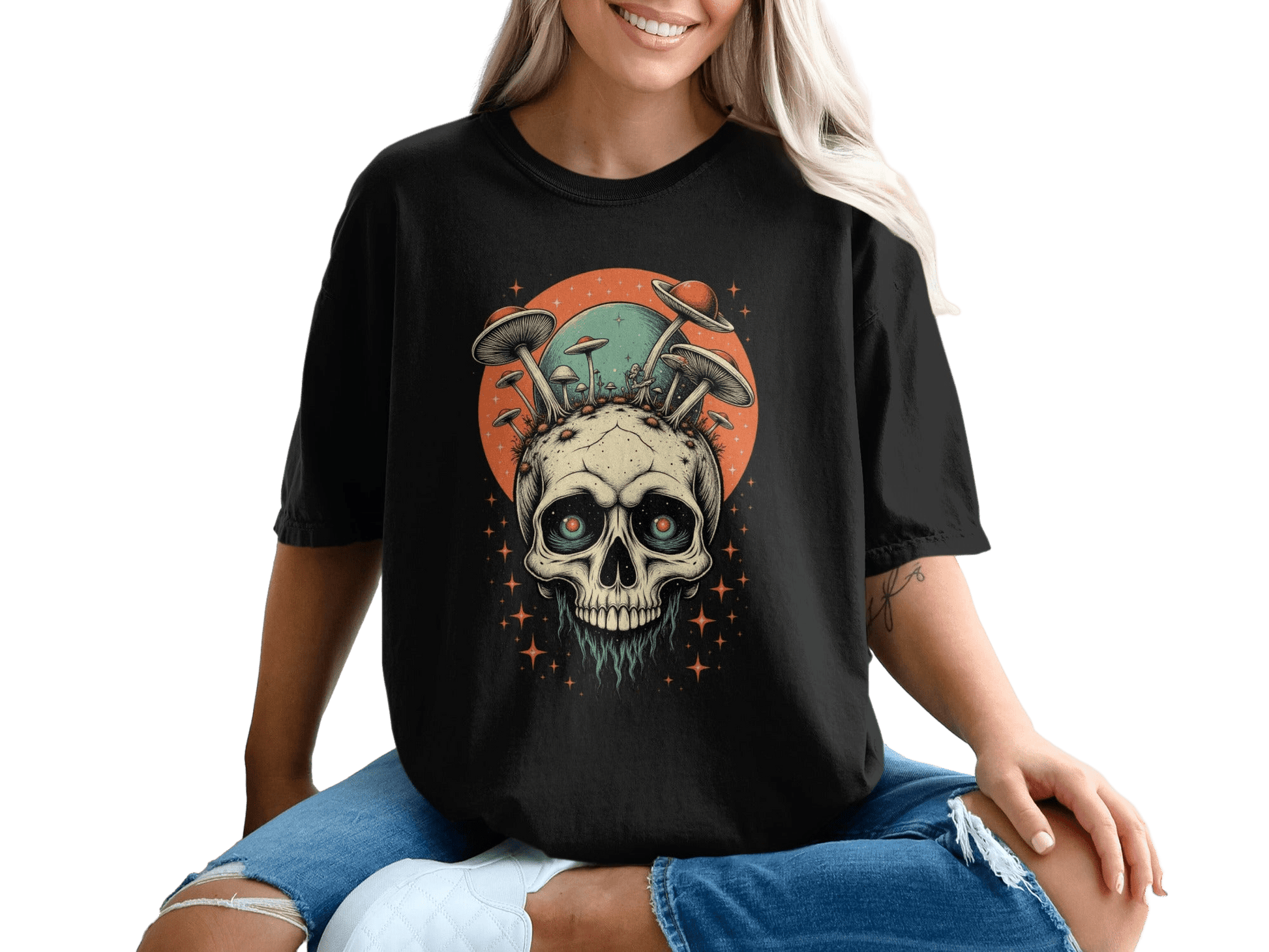 Skull Mushrooms Planet Overlap Design Graphic Art T-Shirt - IconVexa