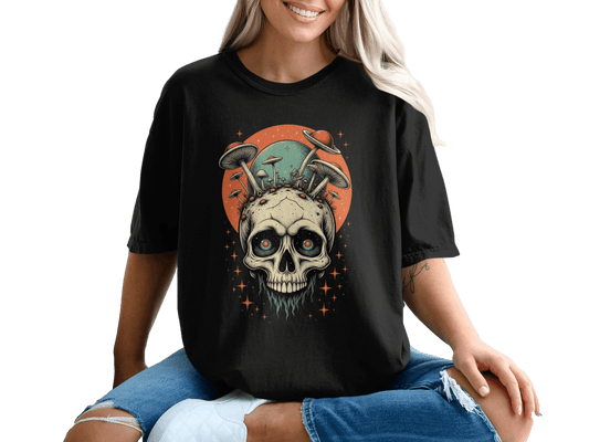 Skull Mushrooms Planet Overlap Design Graphic Art T-Shirt - IconVexa