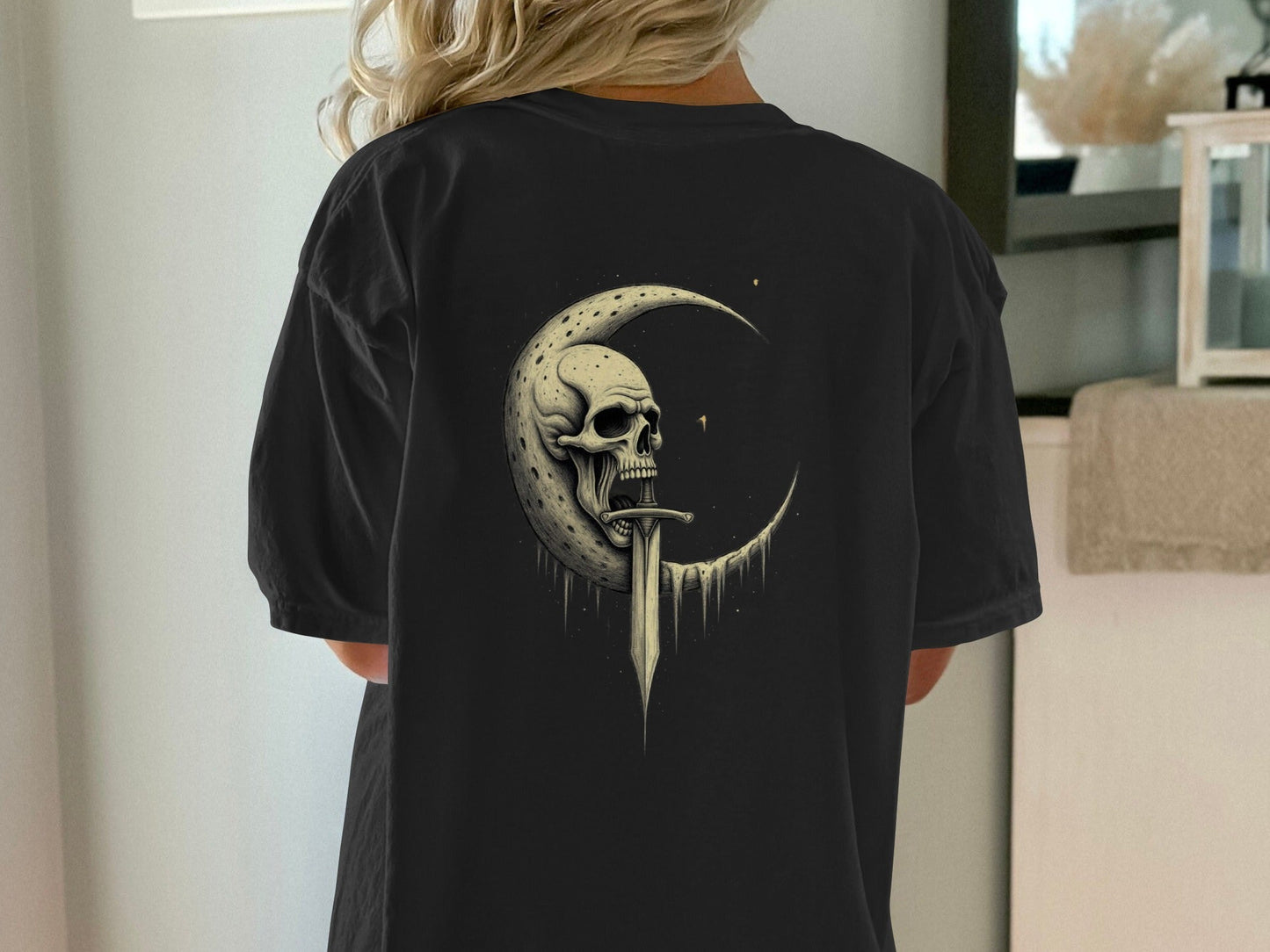Skull On Moon With Sword Graphic Illustration T-Shirt - IconVexa