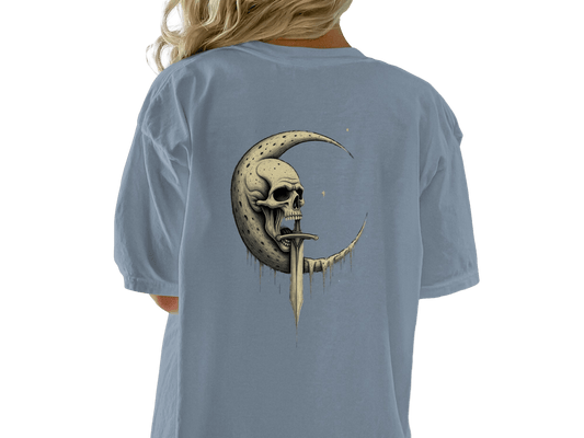 Skull On Moon With Sword Graphic Illustration T-Shirt - IconVexa
