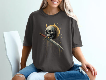Skull With Horns and Dagger Graphic Print Design T-Shirt - IconVexa