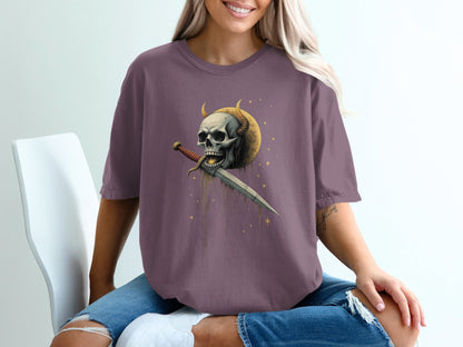 Skull With Horns and Dagger Graphic Print Design T-Shirt - IconVexa