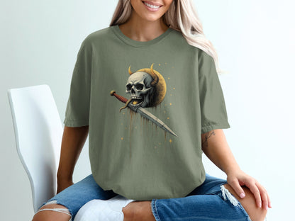 Skull With Horns and Dagger Graphic Print Design T-Shirt - IconVexa