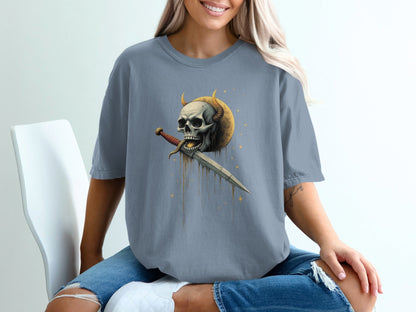 Skull With Horns and Dagger Graphic Print Design T-Shirt - IconVexa