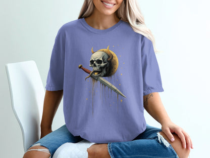 Skull With Horns and Dagger Graphic Print Design T-Shirt - IconVexa