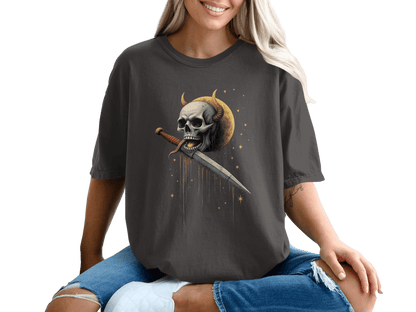 Skull With Horns and Dagger Graphic Print Design T-Shirt - IconVexa