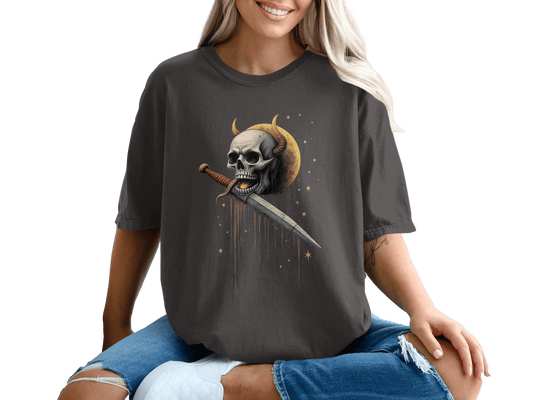 Skull With Horns and Dagger Graphic Print Design T-Shirt - IconVexa