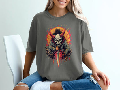 Skull With Horns and Sword Graphic Design Adult T-Shirt - IconVexa