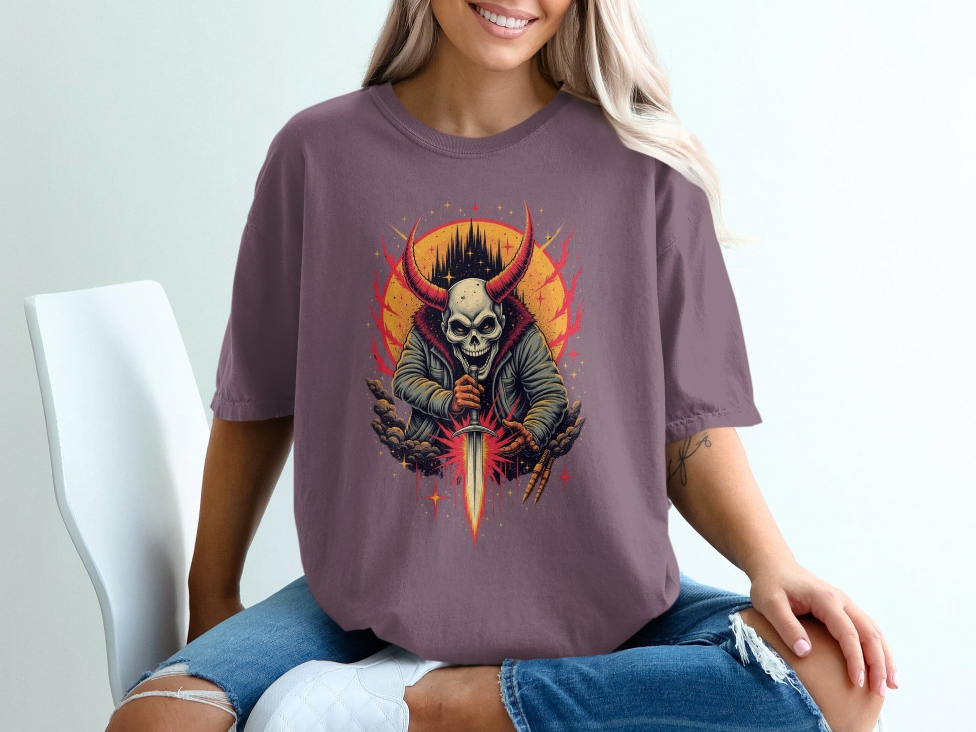Skull With Horns and Sword Graphic Design Adult T-Shirt - IconVexa