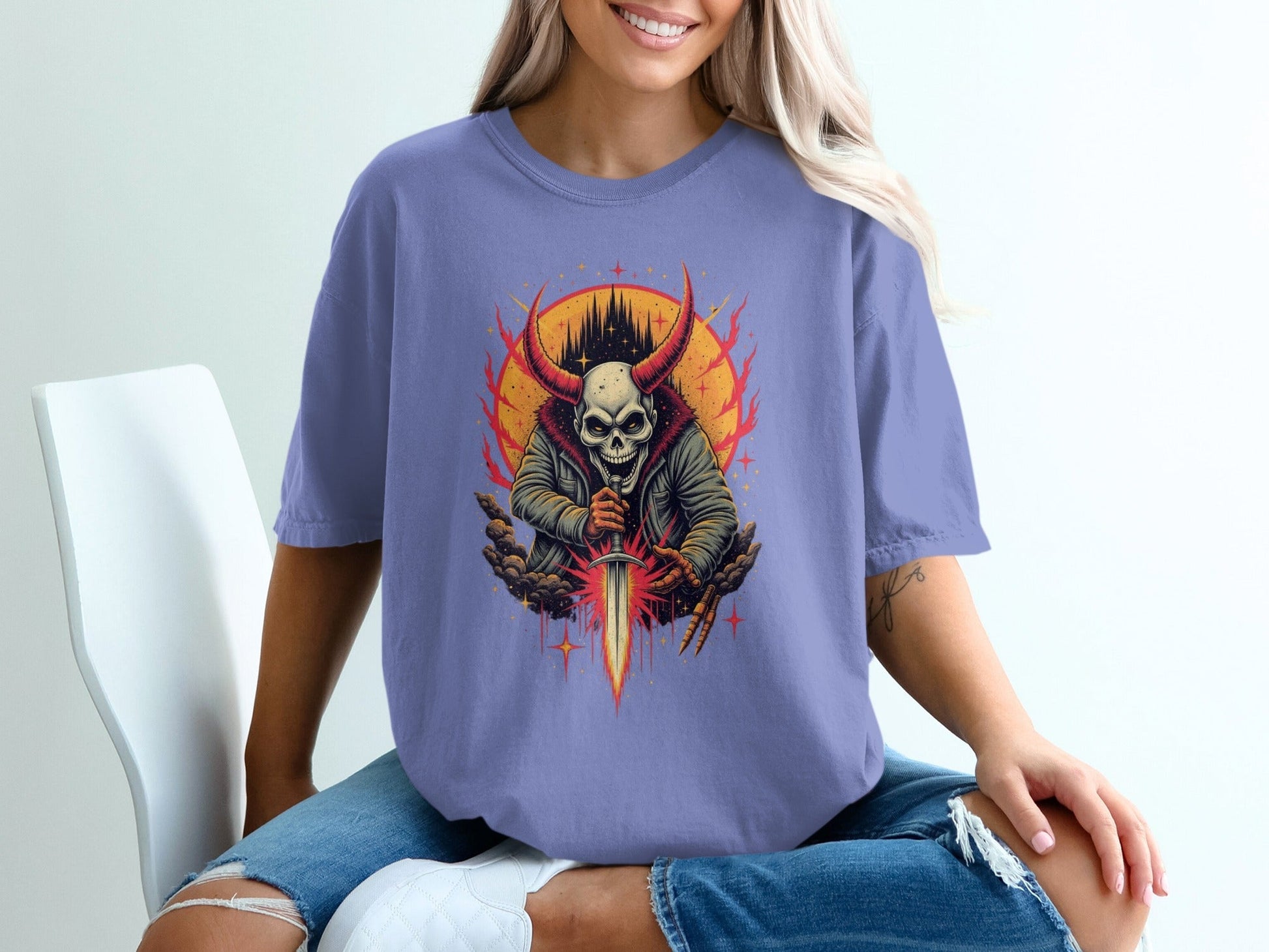 Skull With Horns and Sword Graphic Design Adult T-Shirt - IconVexa