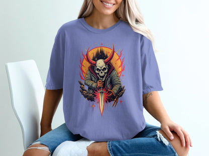 Skull With Horns and Sword Graphic Design Adult T-Shirt - IconVexa