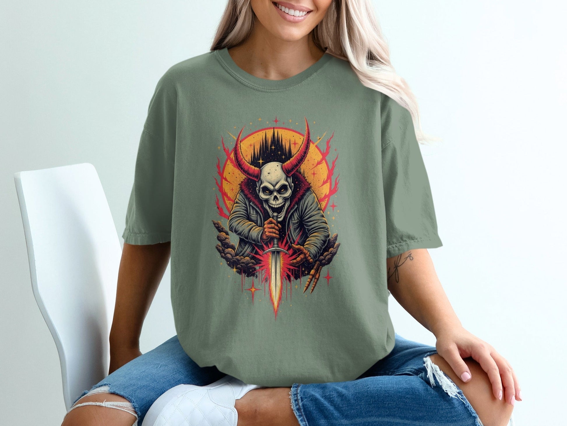 Skull With Horns and Sword Graphic Design Adult T-Shirt - IconVexa