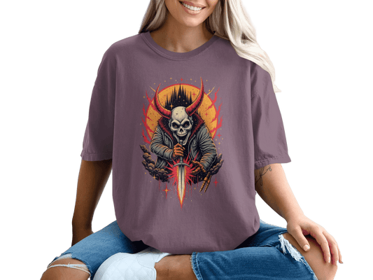 Skull With Horns and Sword Graphic Design Adult T-Shirt - IconVexa