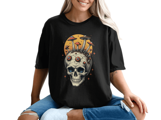 Skull With Mushrooms Against Yellow Sun Graphic T-Shirt - IconVexa