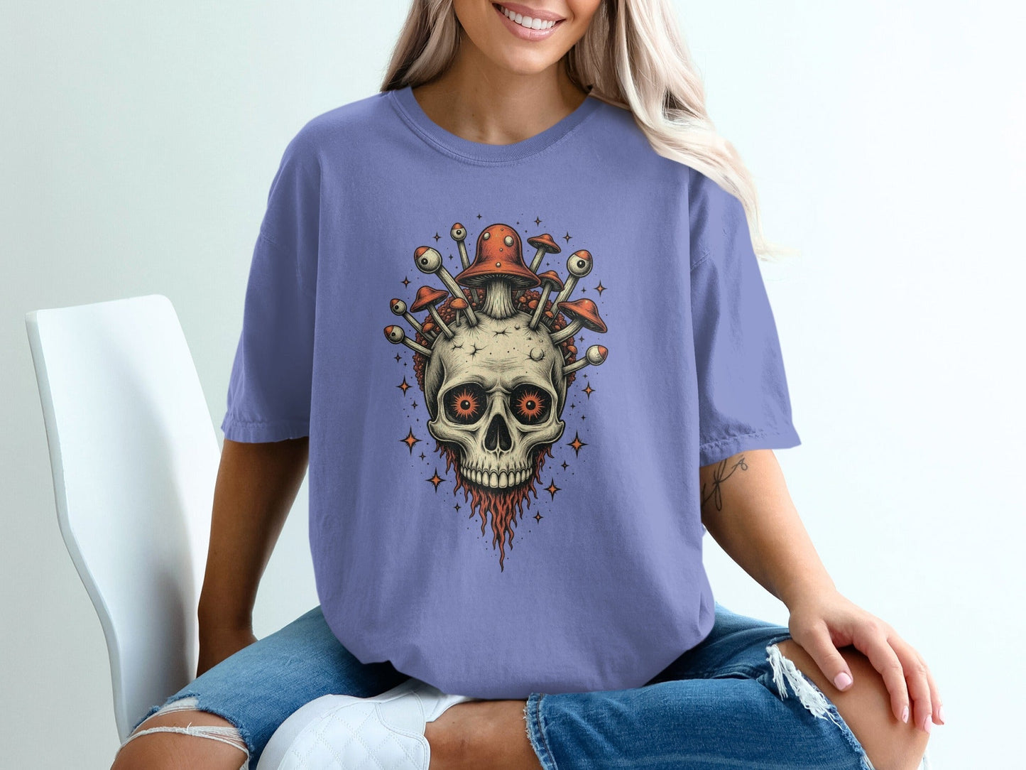Skull With Mushrooms And Eyes Graphic Design T-Shirt - IconVexa
