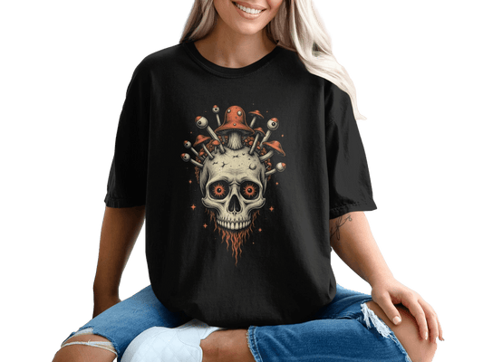 Skull With Mushrooms And Eyes Graphic Design T-Shirt - IconVexa