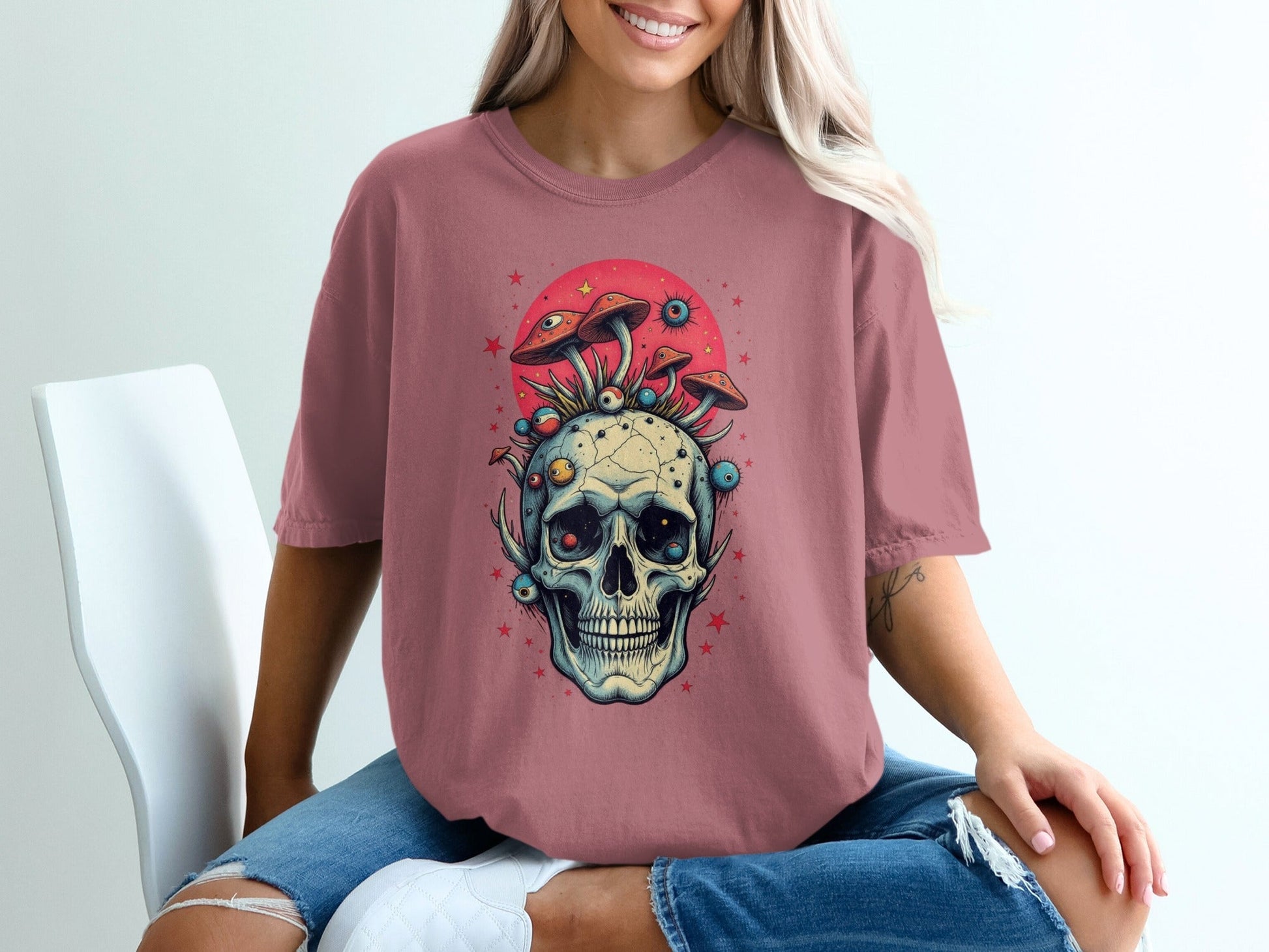 Skull with Mushrooms Design Graphic Print Fashion T-Shirt - IconVexa