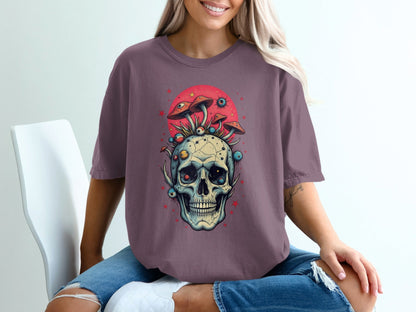Skull with Mushrooms Design Graphic Print Fashion T-Shirt - IconVexa