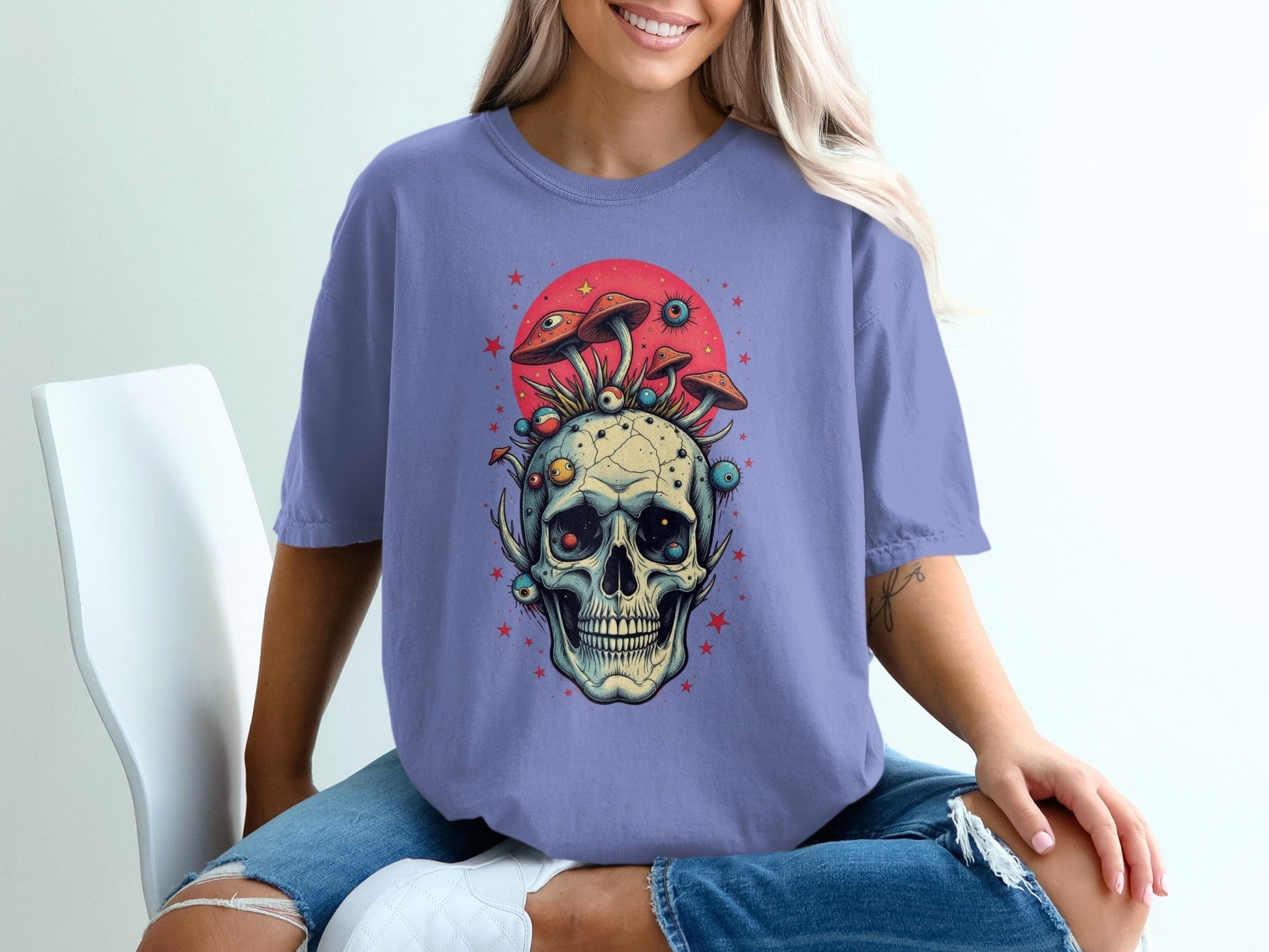 Skull with Mushrooms Design Graphic Print Fashion T-Shirt - IconVexa