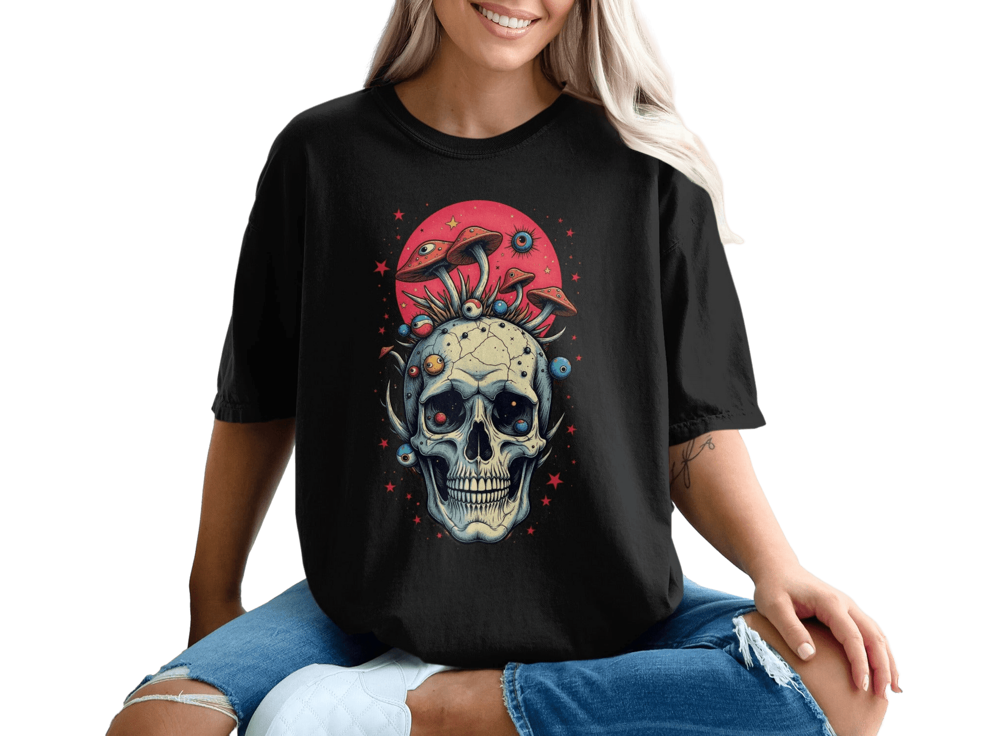 Skull with Mushrooms Design Graphic Print Fashion T-Shirt - IconVexa
