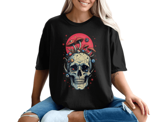 Skull with Mushrooms Design Graphic Print Fashion T-Shirt - IconVexa