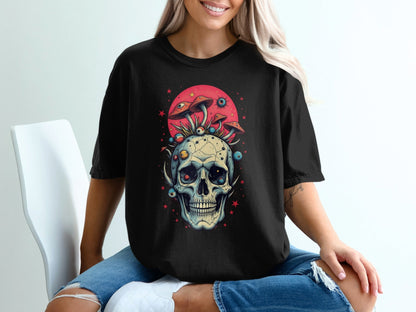 Skull with Mushrooms Design Graphic Print Fashion T-Shirt - IconVexa