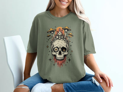 Skull With Mushrooms Graphic Artistic Design Funky T-Shirt - IconVexa